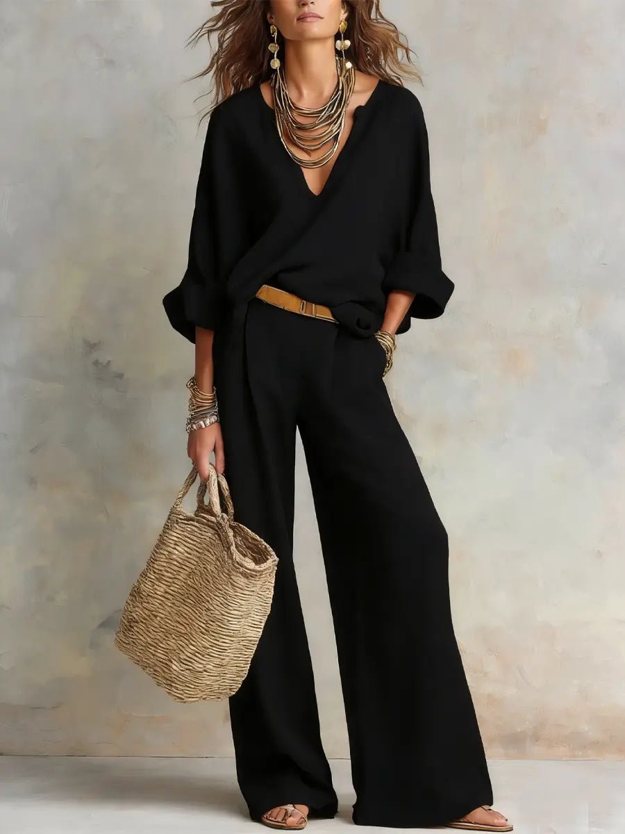 Women's Relaxed V-Neck Linen Two-Piece Wide Leg Pants Set - Black