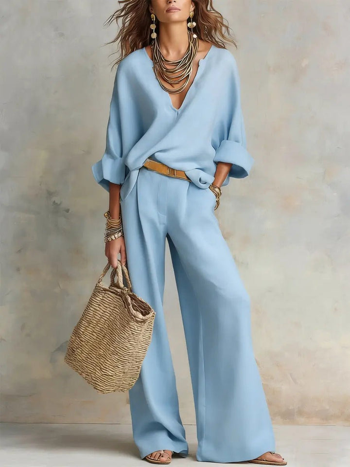 Women's Relaxed V-Neck Linen Two-Piece Wide Leg Pants Set - Blue