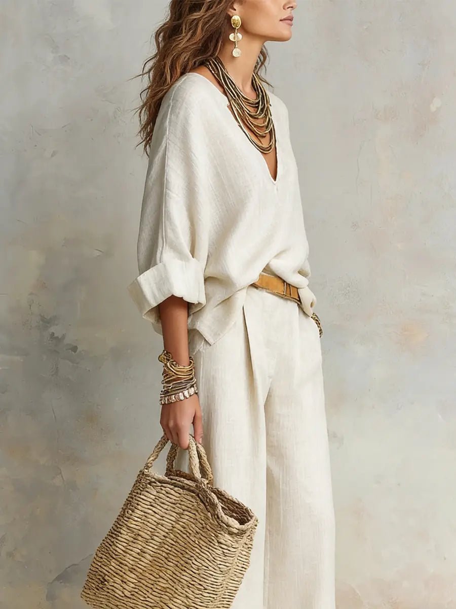Women's Relaxed V-Neck Linen Two-Piece Wide Leg Pants Set