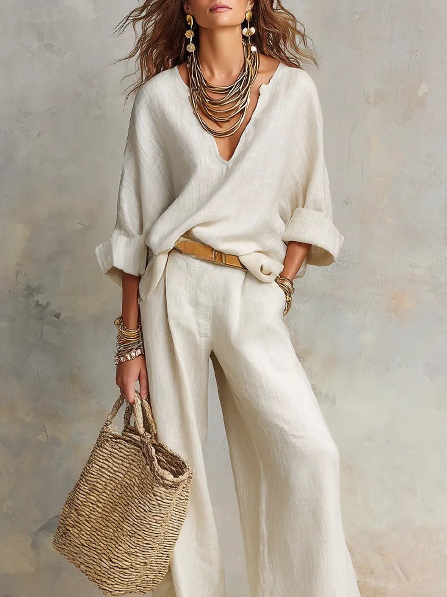 Women's Relaxed V-Neck Linen Two-Piece Wide Leg Pants Set