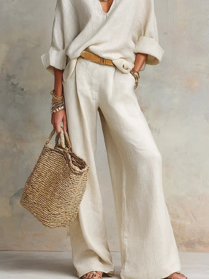 Women's Relaxed V-Neck Linen Two-Piece Wide Leg Pants Set