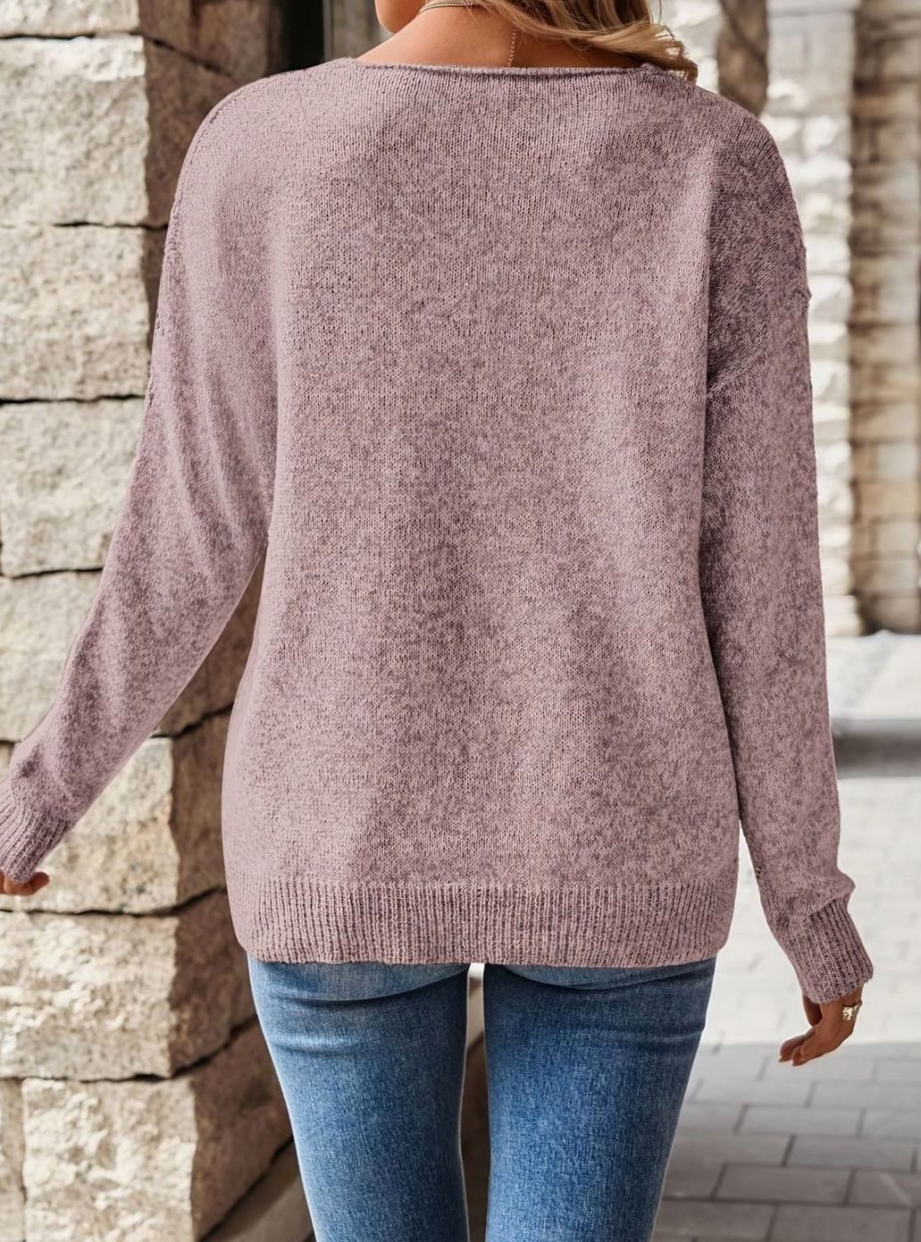 Women's Relaxed V-Neck Pointelle Knit Sweater