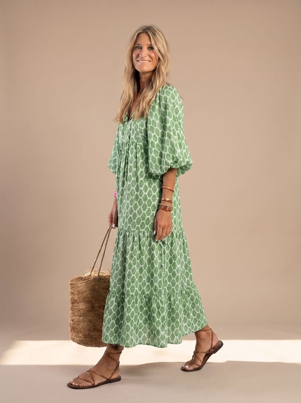 Women's Relaxed V-Neck Three-Quarter Sleeve Tiered Midi Dress
