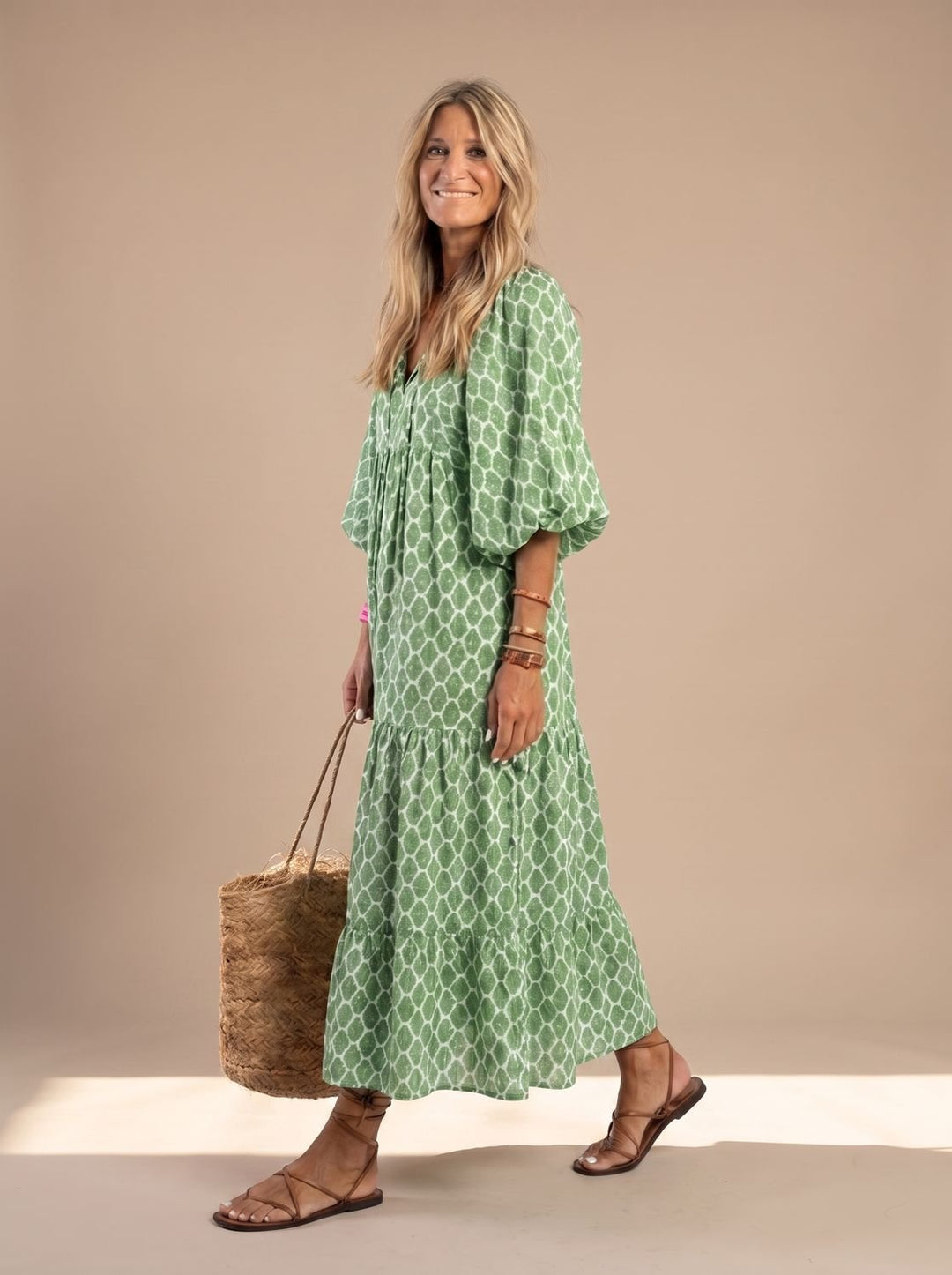Women's Relaxed V-Neck Three-Quarter Sleeve Tiered Midi Dress