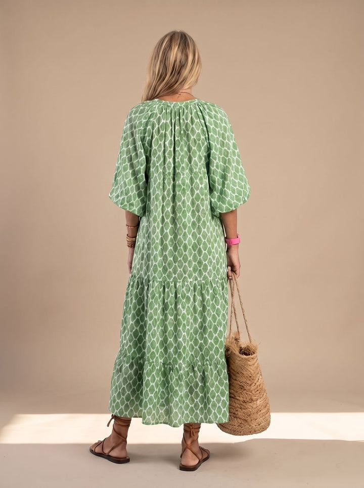 Women's Relaxed V-Neck Three-Quarter Sleeve Tiered Midi Dress