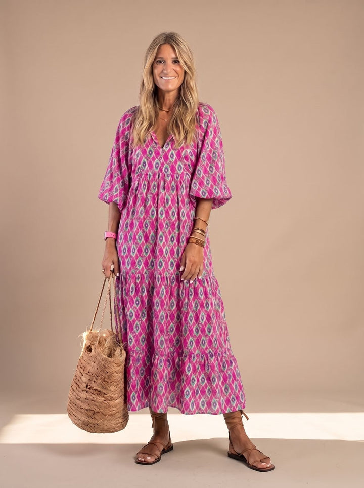 Women's Relaxed V-Neck Three-Quarter Sleeve Tiered Midi Dress - Purple