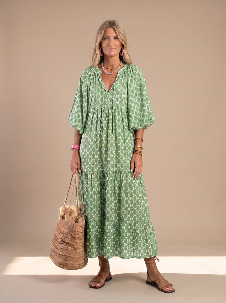 Women's Relaxed V-Neck Three-Quarter Sleeve Tiered Midi Dress