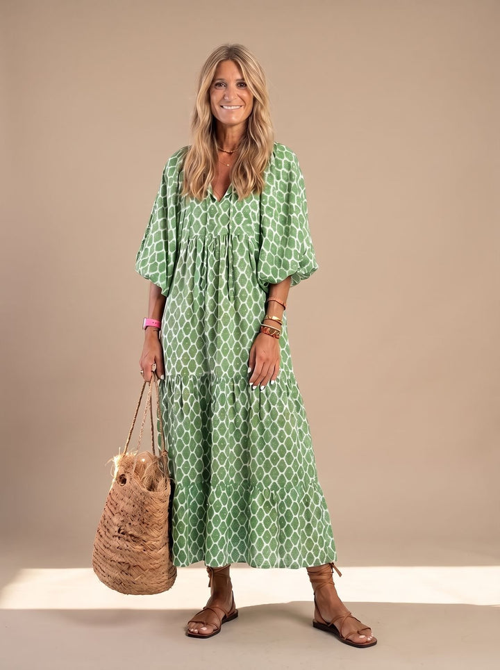 Women's Relaxed V-Neck Three-Quarter Sleeve Tiered Midi Dress