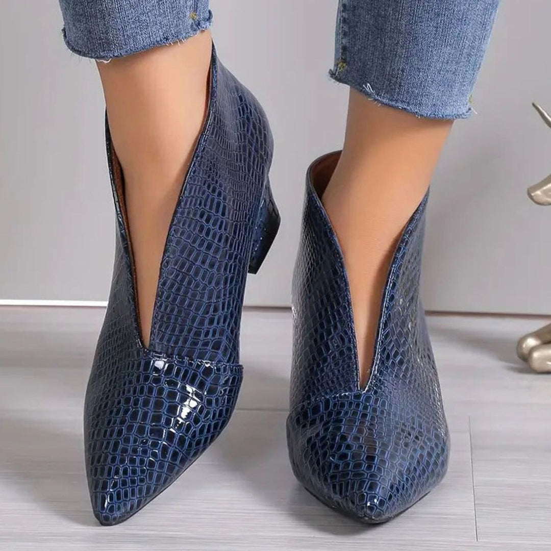 Women's Reptile-Textured V-Cut Pointed-Toe Block Heel Ankle Boots