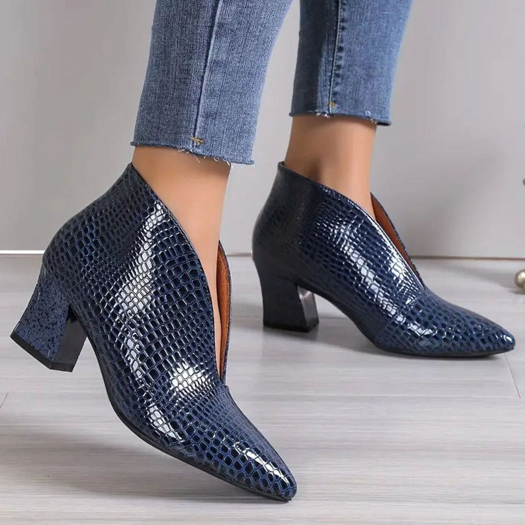 Women's Reptile-Textured V-Cut Pointed-Toe Block Heel Ankle Boots - Royal Blue