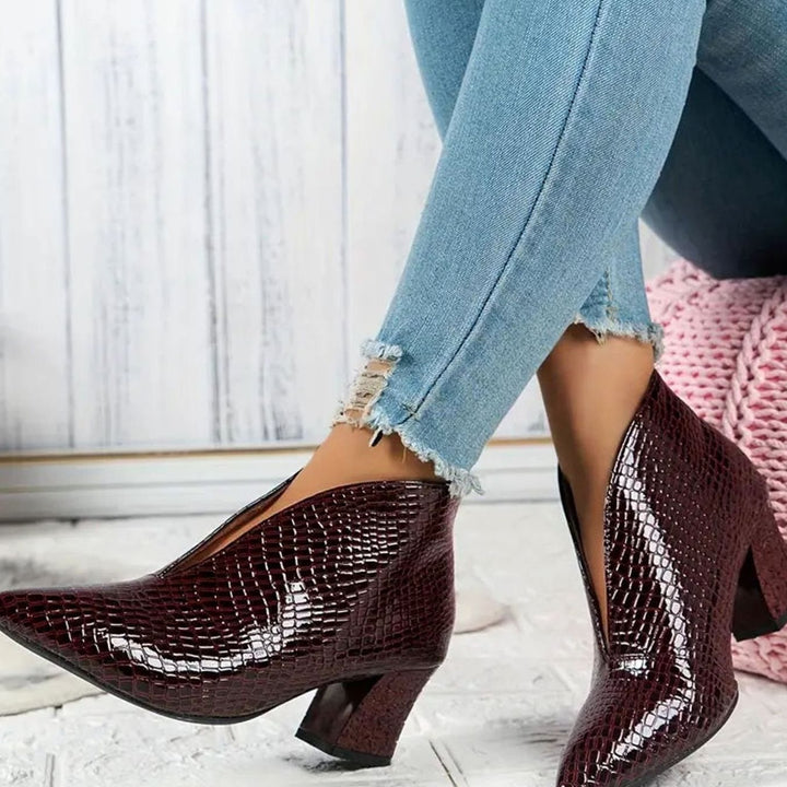 Women's Reptile-Textured V-Cut Pointed-Toe Block Heel Ankle Boots
