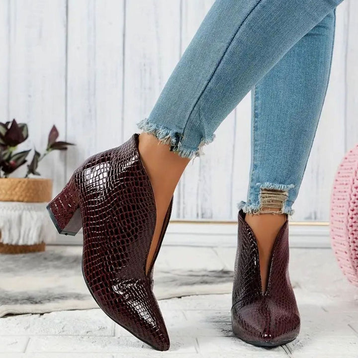 Women's Reptile-Textured V-Cut Pointed-Toe Block Heel Ankle Boots - Burgundy