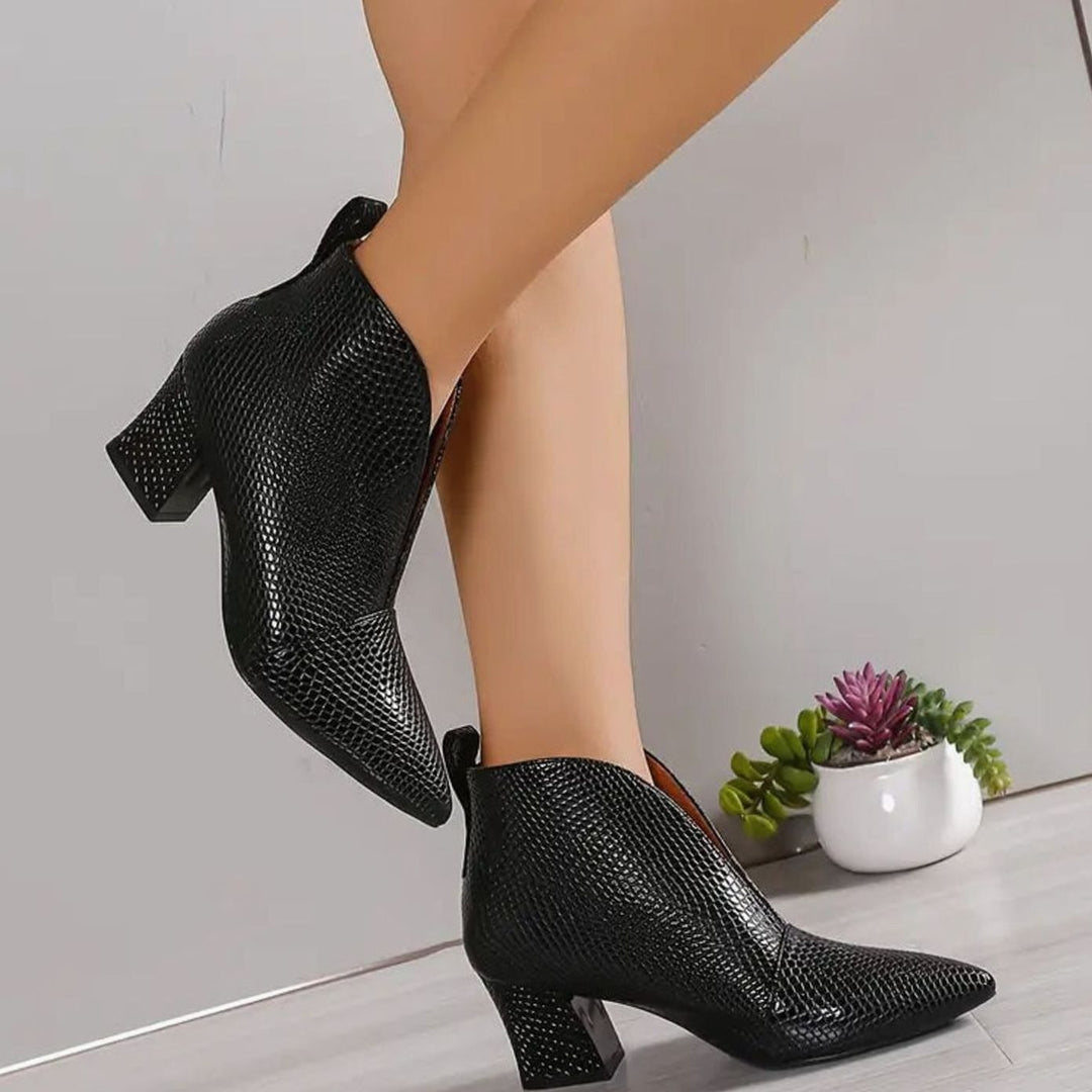 Women's Reptile-Textured V-Cut Pointed-Toe Block Heel Ankle Boots