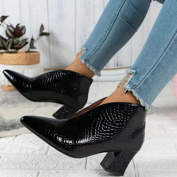 Women's Reptile-Textured V-Cut Pointed-Toe Block Heel Ankle Boots