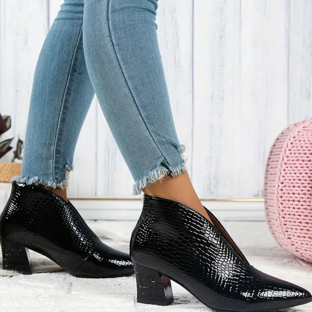 Women's Reptile-Textured V-Cut Pointed-Toe Block Heel Ankle Boots - Black