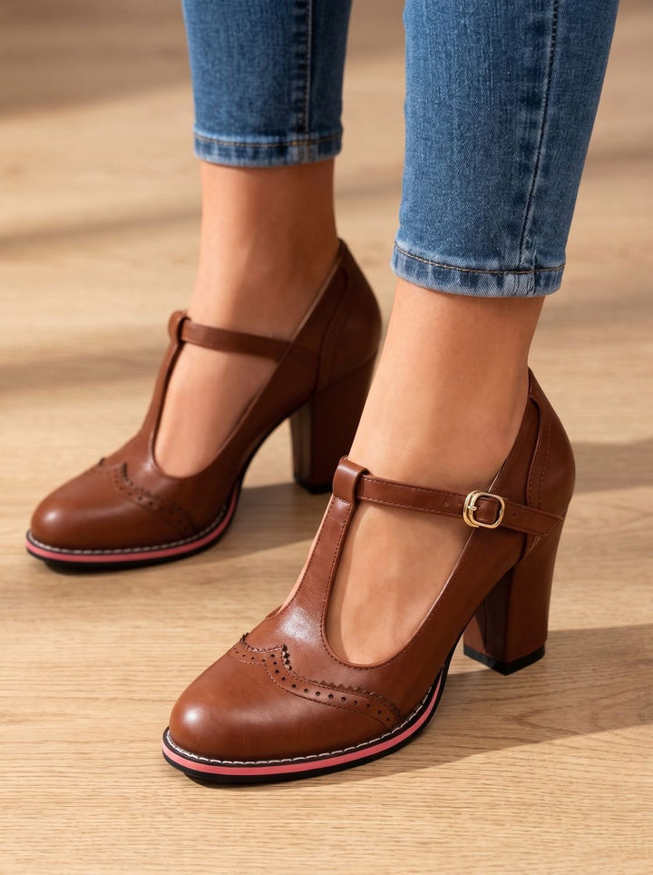 Women's Retro Brogue T-Bar Block Heel Pumps - Brown