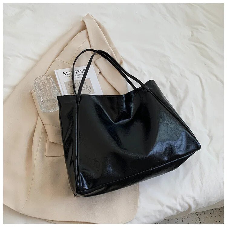 Women's Retro Large-Capacity PU Leather Shoulder Tote Bag - Schwarz