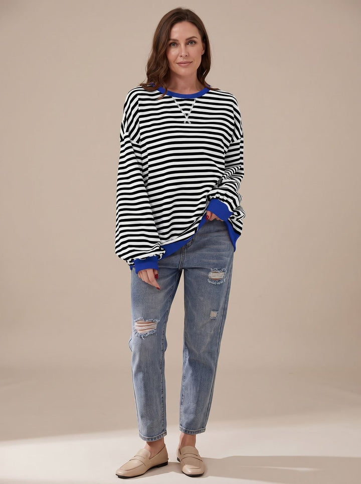 Women's Retro Striped Oversized Crewneck Sweatshirt - Black