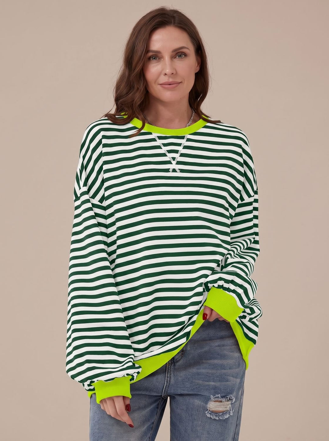 Women's Retro Striped Oversized Crewneck Sweatshirt - Dark Green