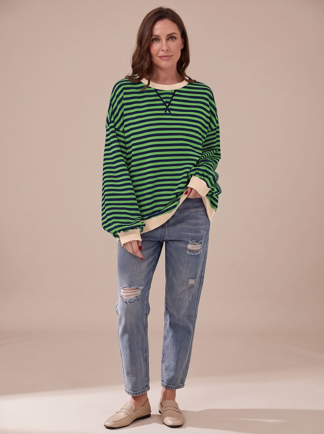 Women's Retro Striped Oversized Crewneck Sweatshirt - Green