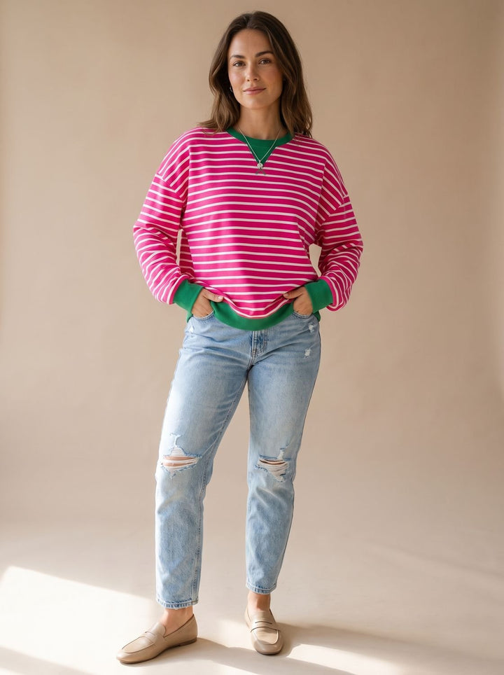 Women's Retro Striped Oversized Crewneck Sweatshirt - Hot Pink