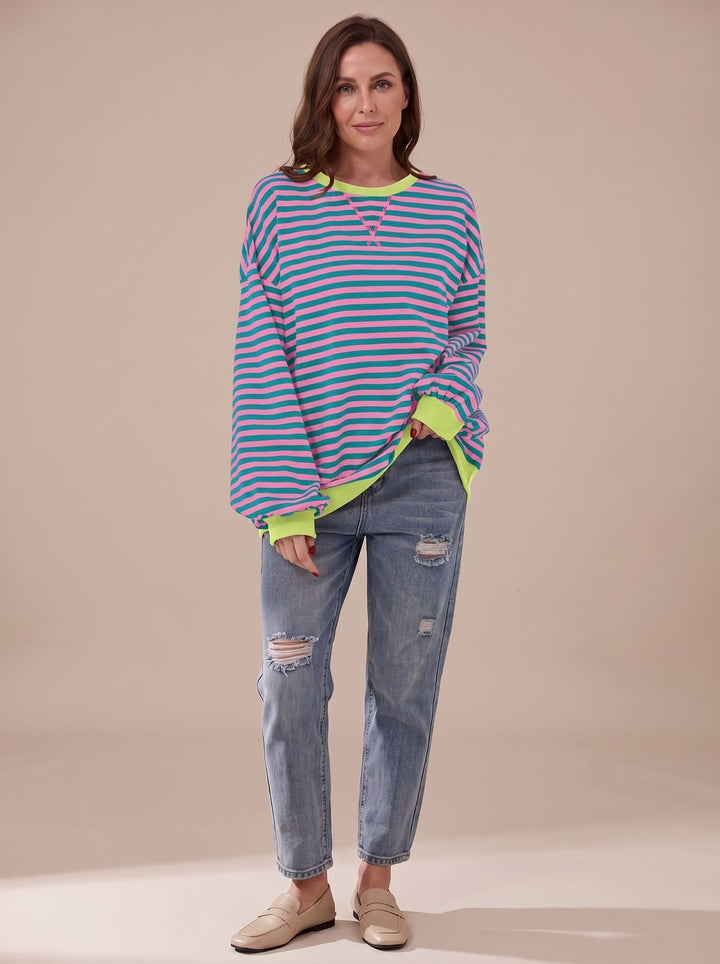 Women's Retro Striped Oversized Crewneck Sweatshirt - Pink