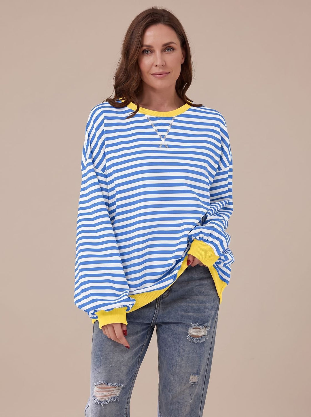 Women's Retro Striped Oversized Crewneck Sweatshirt - Sky Blue