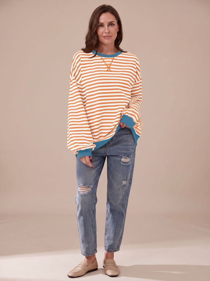 Women's Retro Striped Oversized Crewneck Sweatshirt - Orange