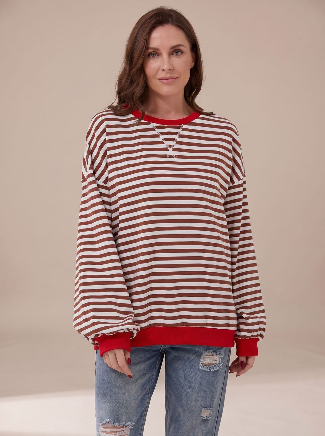 Women's Retro Striped Oversized Crewneck Sweatshirt - Red