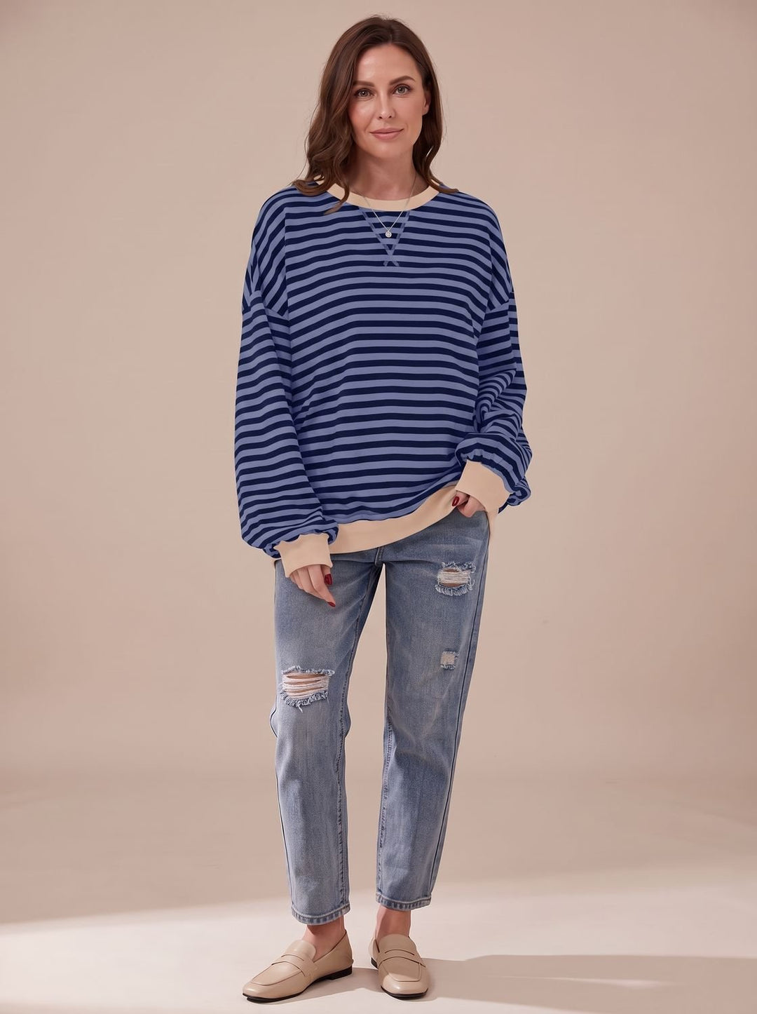 Women's Retro Striped Oversized Crewneck Sweatshirt - Blue