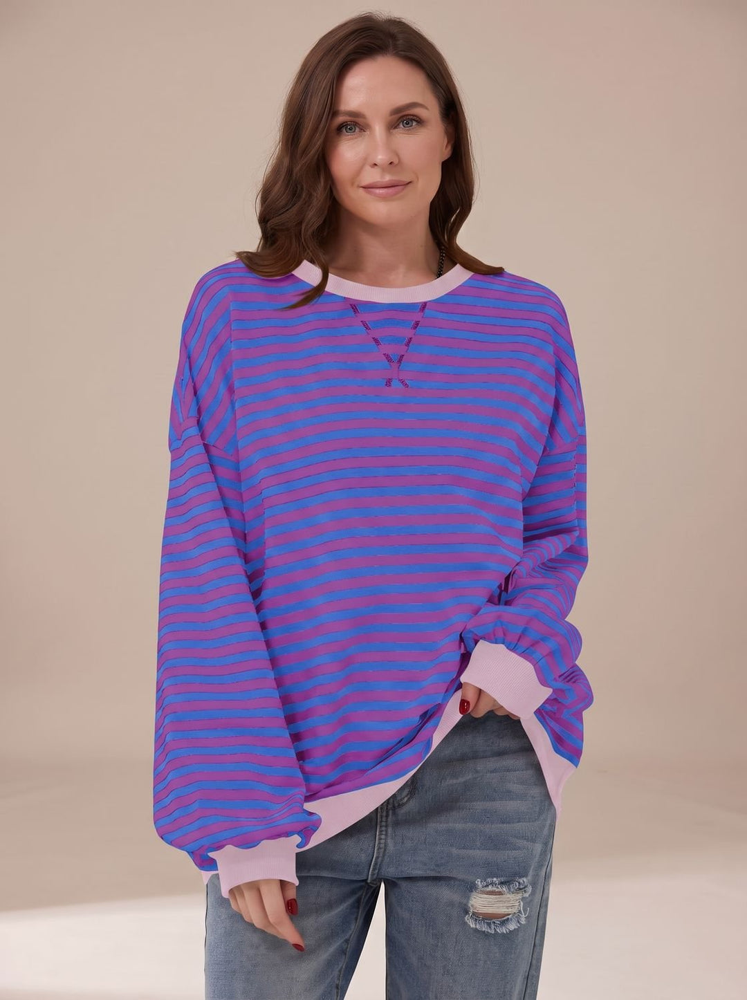 Women's Retro Striped Oversized Crewneck Sweatshirt - Purple