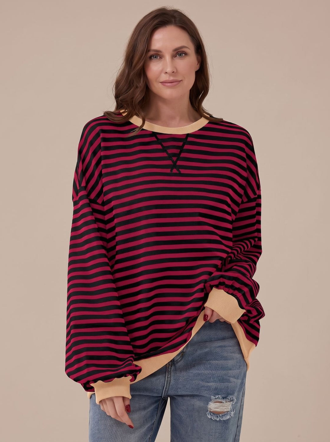 Women's Retro Striped Oversized Crewneck Sweatshirt - Burgundy