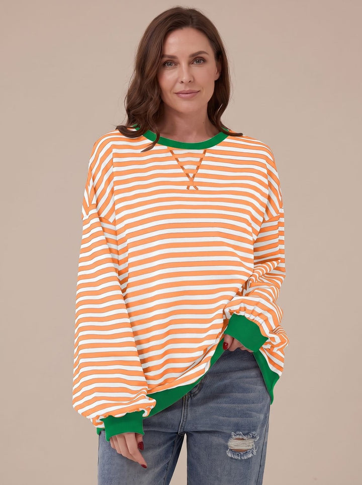 Women's Retro Striped Oversized Crewneck Sweatshirt - Light Orange