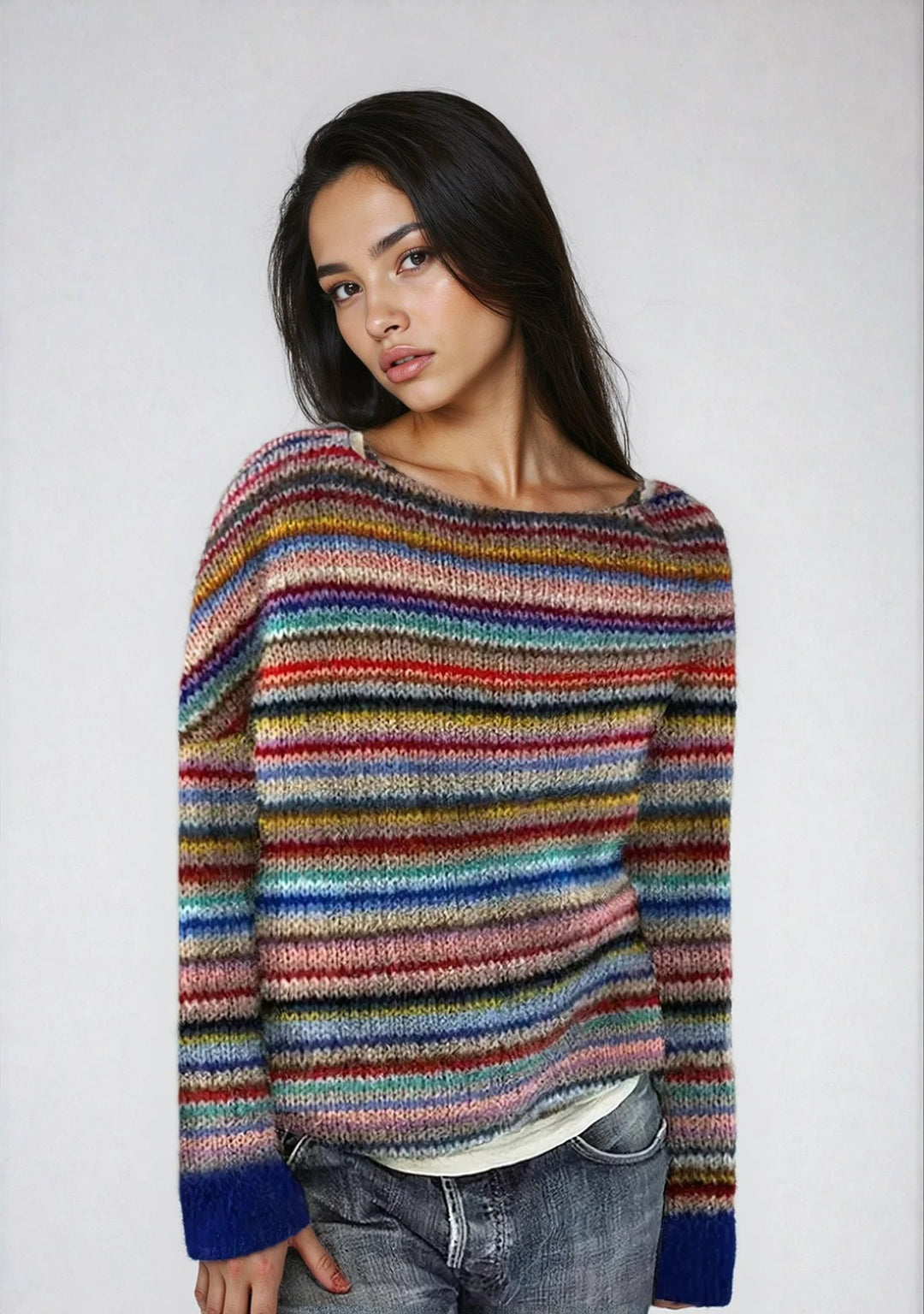 Women's Retro Striped Relaxed-Fit Knit Sweater