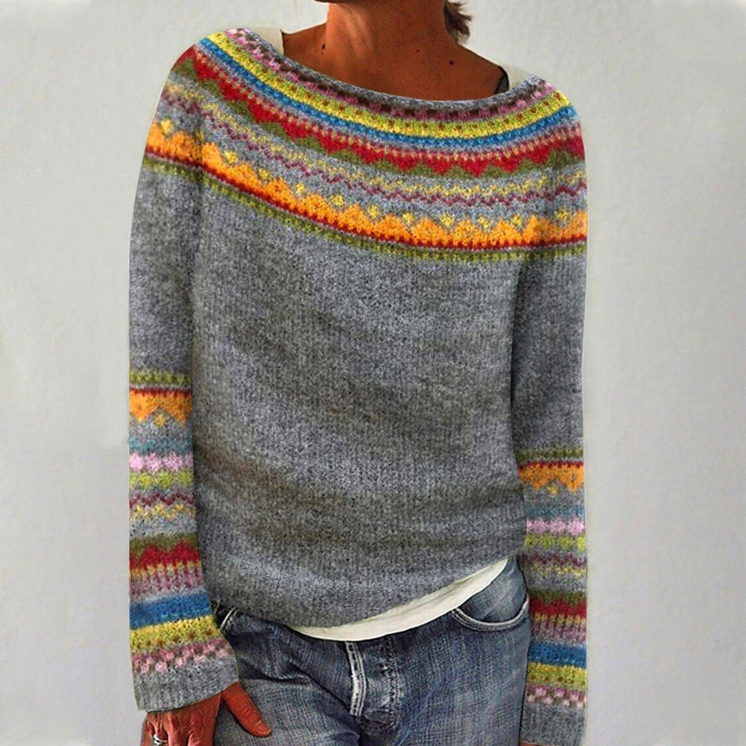 Women's Retro Striped Relaxed-Fit Knit Sweater - Grey/Coloured