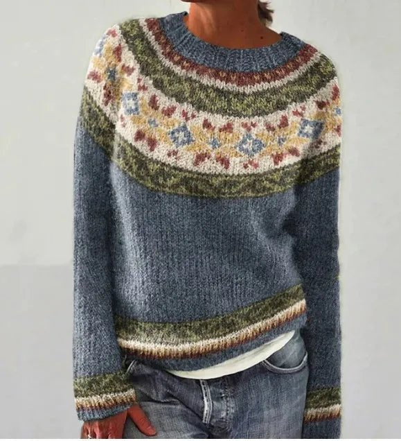 Women's Retro Striped Relaxed-Fit Knit Sweater - Grey/Stars