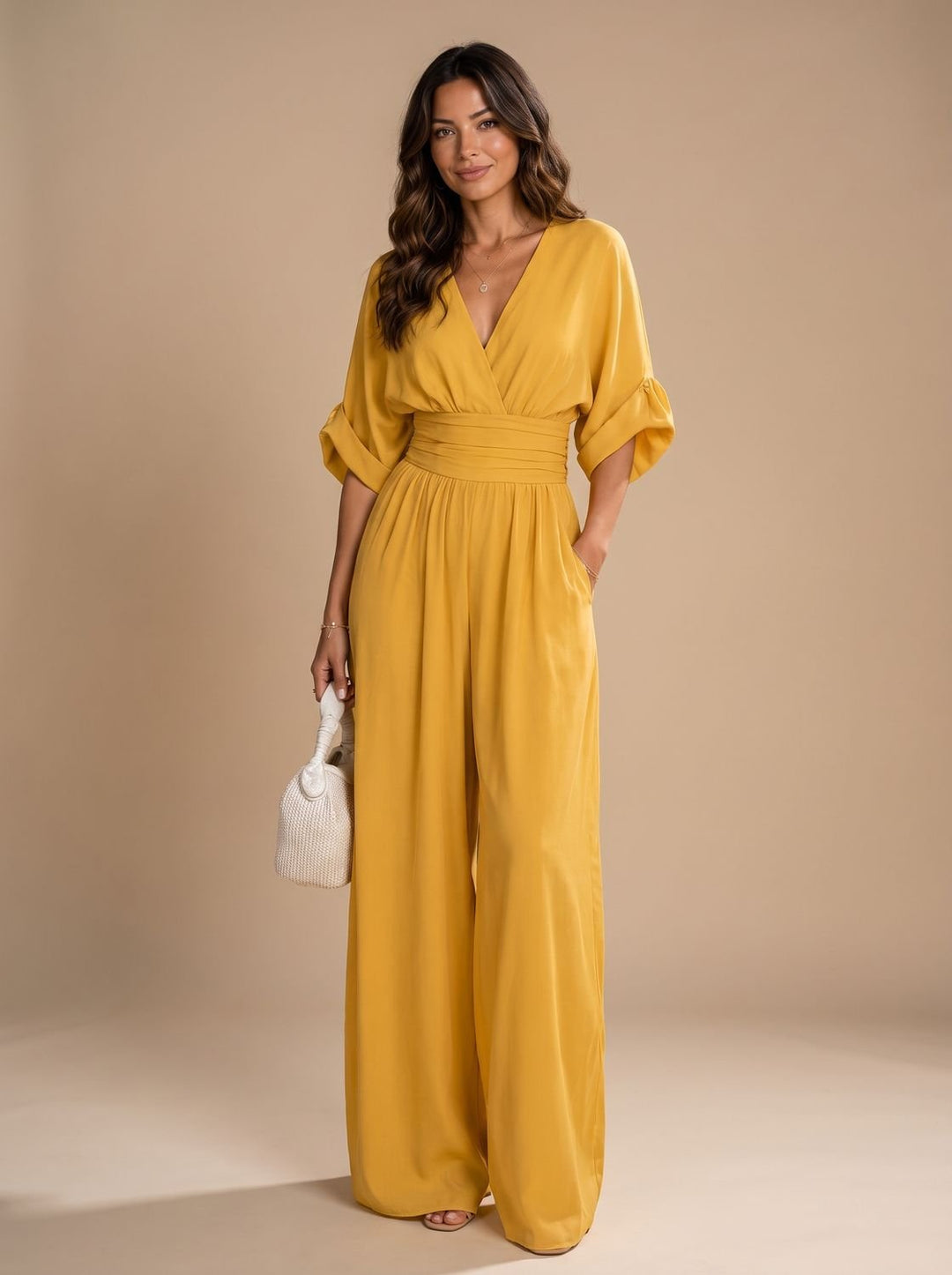 Women's Retro V-Neck Wide-Leg Jumpsuit - Yellow