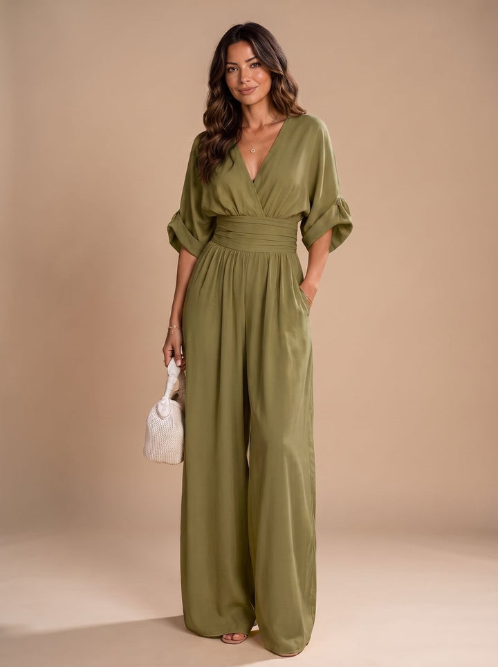 Women's Retro V-Neck Wide-Leg Jumpsuit - Olive Green