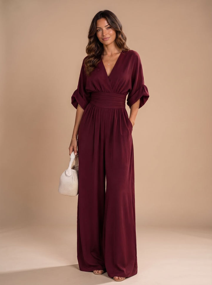 Women's Retro V-Neck Wide-Leg Jumpsuit - Wine Red