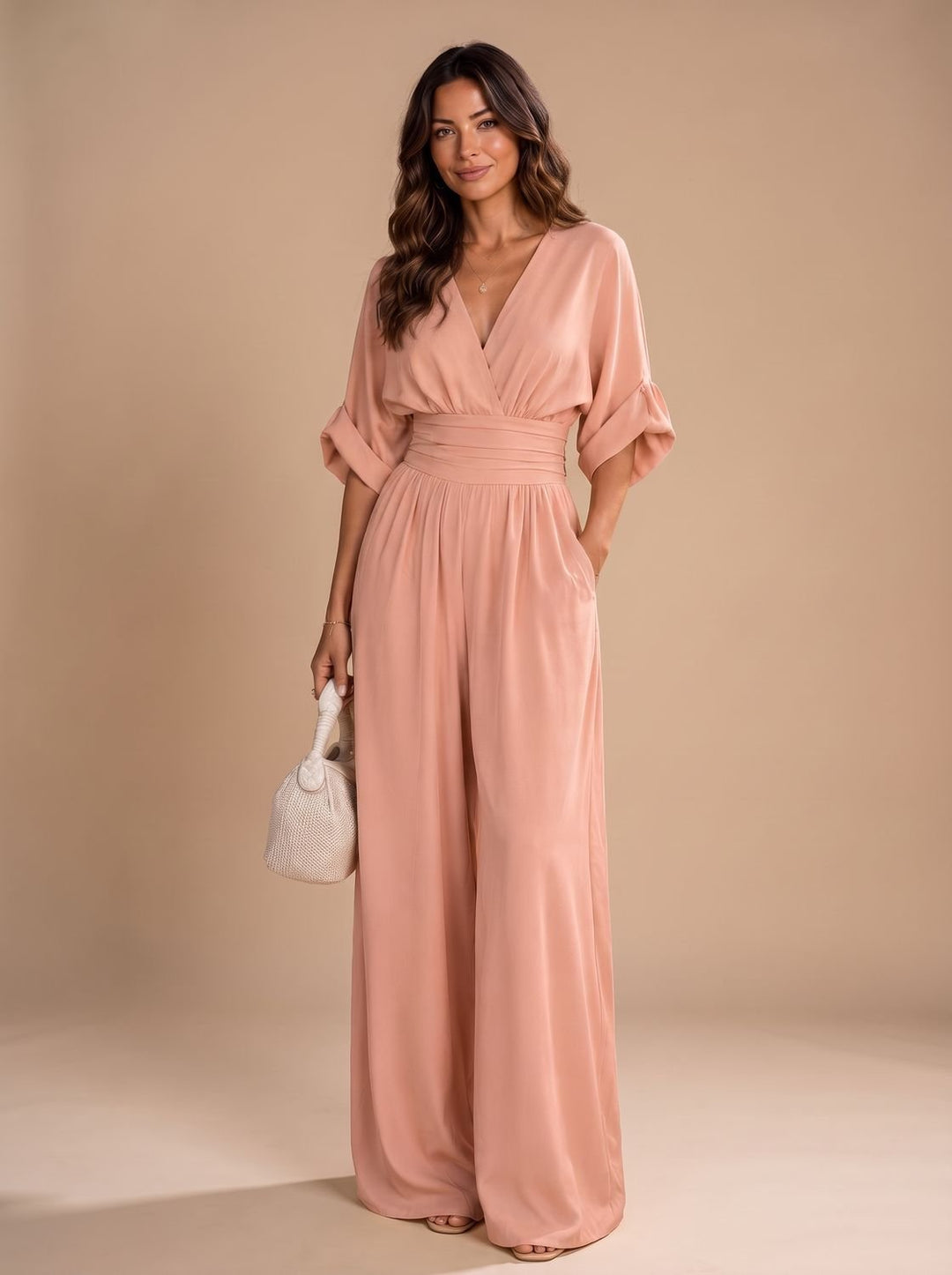 Women's Retro V-Neck Wide-Leg Jumpsuit - Pink
