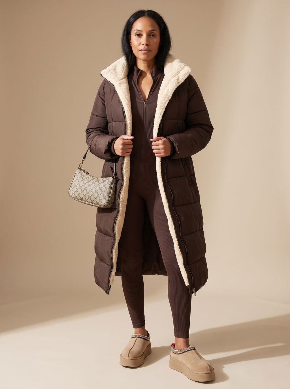 Women's Reversible Longline Hooded Puffer Winter Coat - Brown