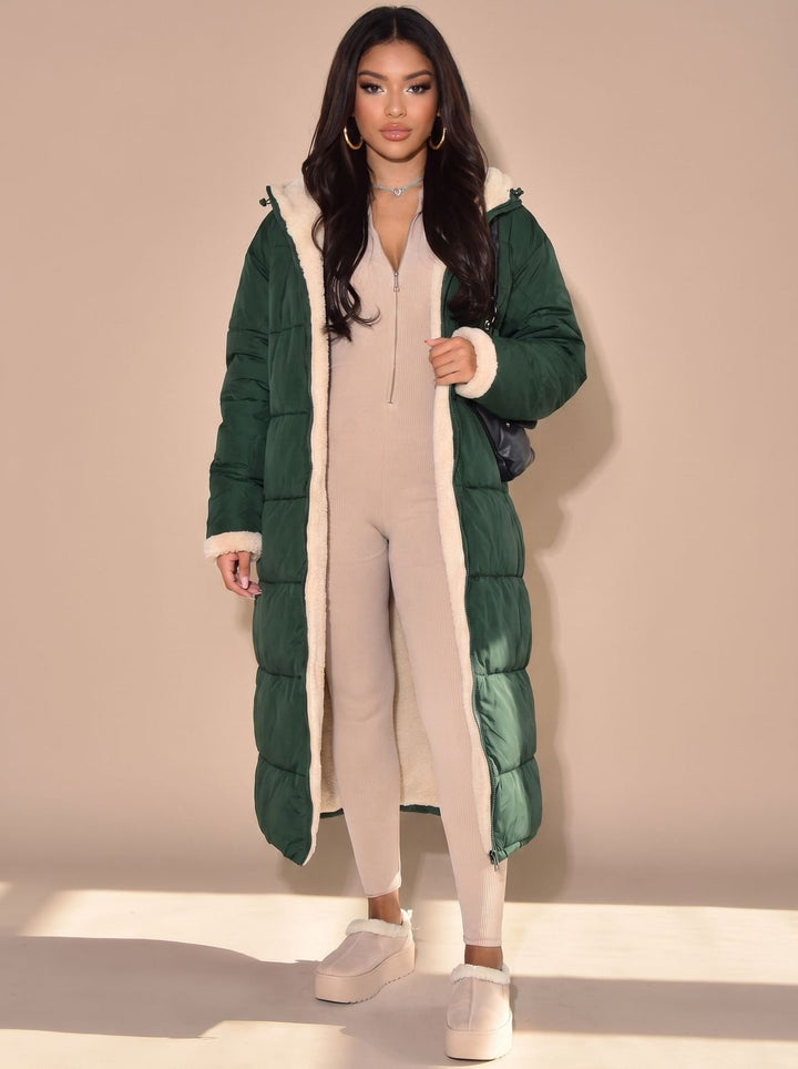 Women's Reversible Longline Hooded Puffer Winter Coat - Green