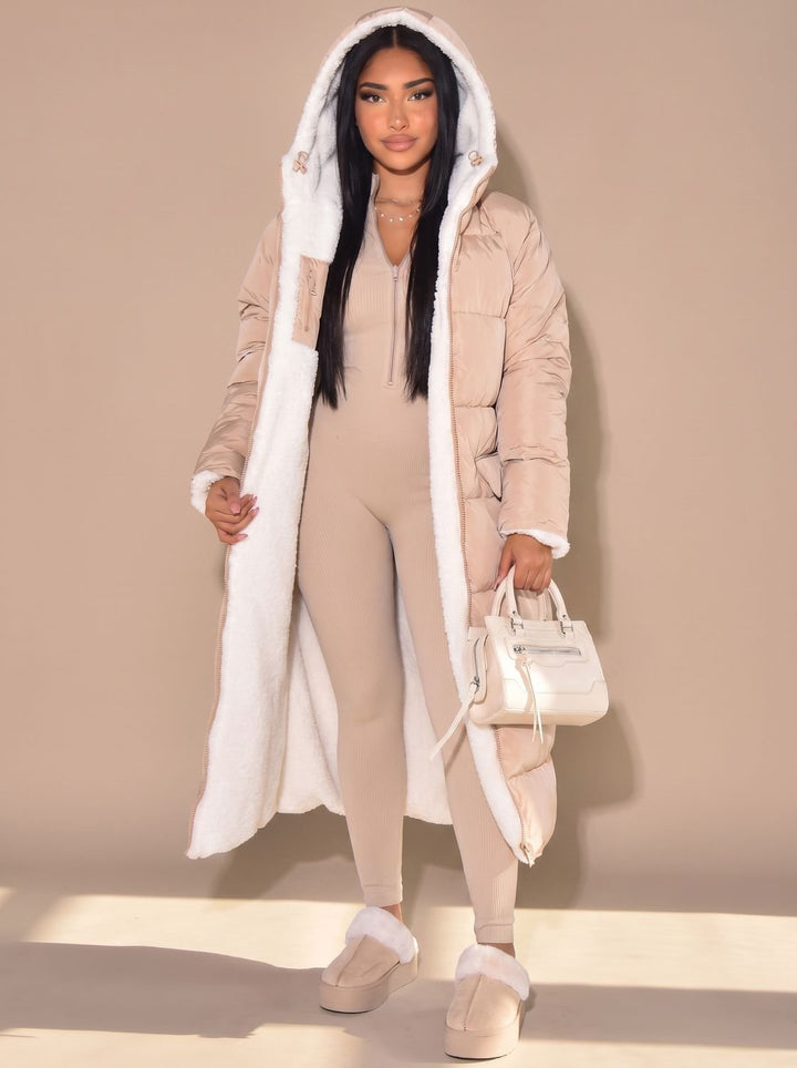 Women's Reversible Longline Hooded Puffer Winter Coat - Beige