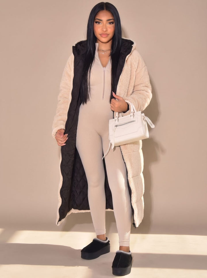 Women's Reversible Longline Hooded Puffer Winter Coat