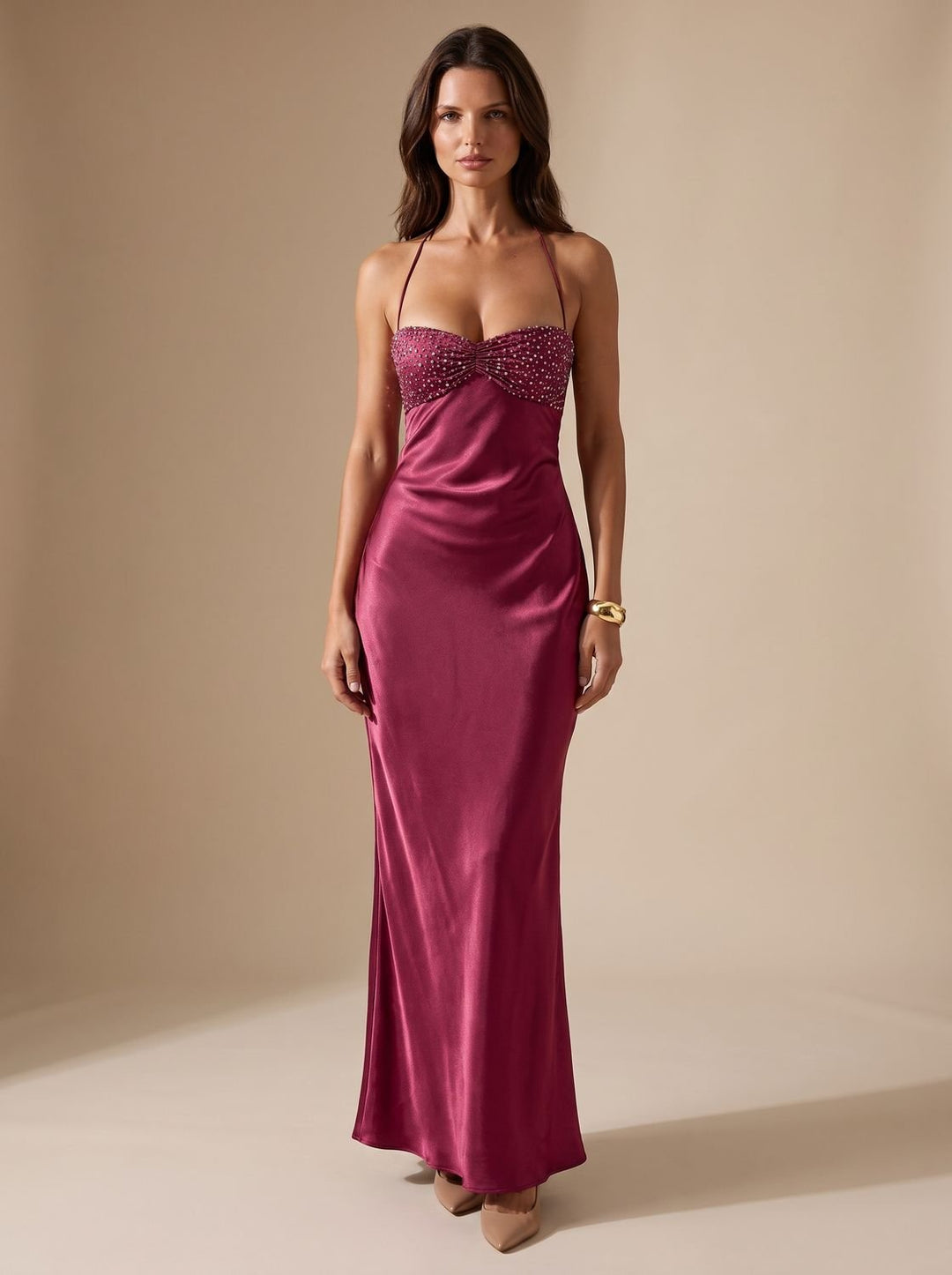 Women's Rhinestone-Embellished Halter-Neck Satin Maxi Dress - Violet