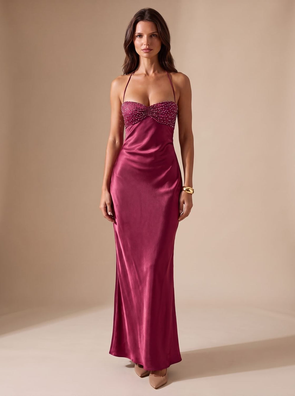 Women's Rhinestone-Embellished Halter-Neck Satin Maxi Dress