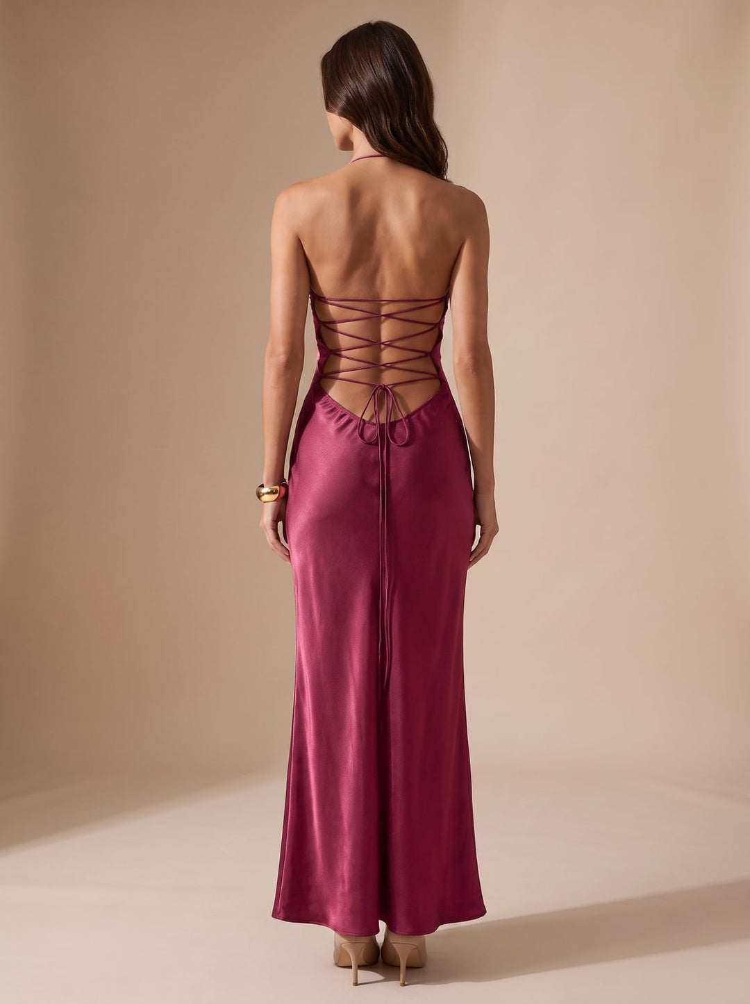 Women's Rhinestone-Embellished Halter-Neck Satin Maxi Dress