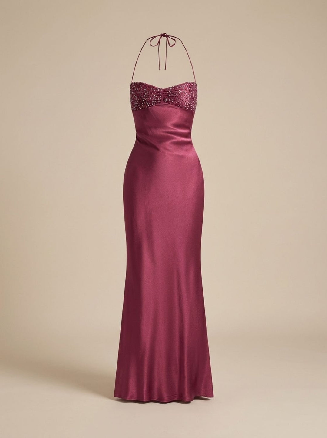 Women's Rhinestone-Embellished Halter-Neck Satin Maxi Dress