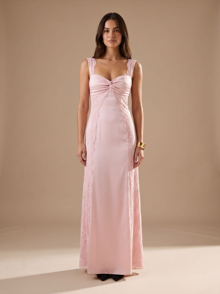 Women's Rhinestone-Embellished Halter-Neck Satin Maxi Dress - Light Pink Rose