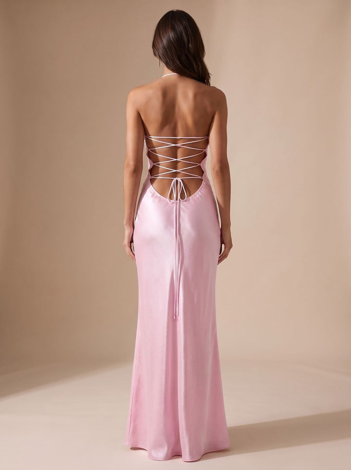 Women's Rhinestone-Embellished Halter-Neck Satin Maxi Dress